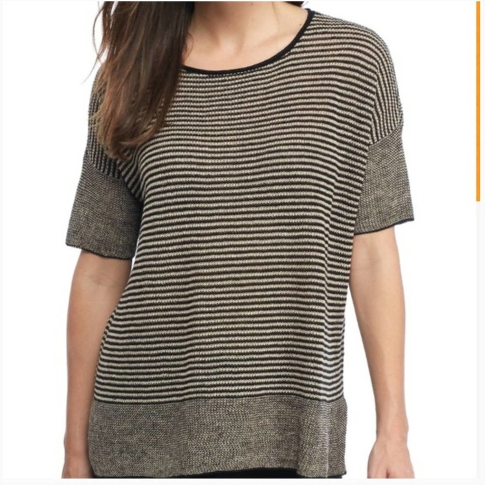 Eileen Fisher Black and Cream Striped Short Sleeve Crewneck Sweater